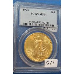 1925 $20 St. Gaudens Gold Coin PCGS MS64