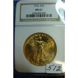 1924 $20 St. Gaudens Gold Coin NGC MS61
