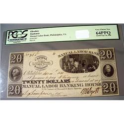 1838 $20.00 Manual Labor Bank Obsolete Bank Note, Phila. Pa 