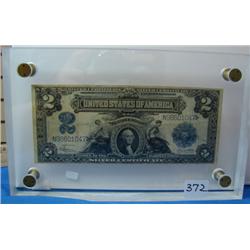 1899 $2.00 Silver Certificate F - encased in Lucite