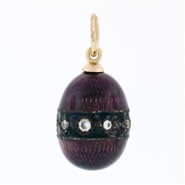 Vintage Soviet 14k Gold & Silver Petite Diamond Purple Enamel Egg Charm Pendant