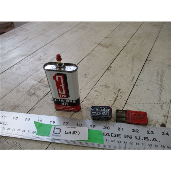 (3) Tins - valve caps, 3 in one oil