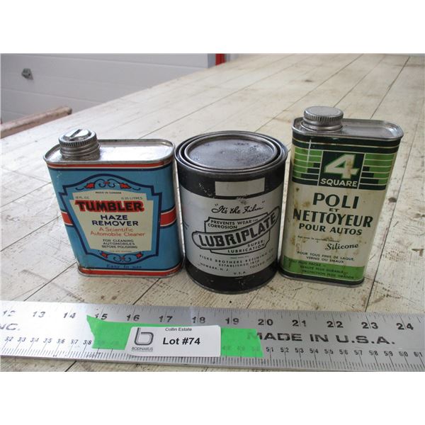 (3) Tins - one has contents, Tumbler, Lubriplate, 4 Square