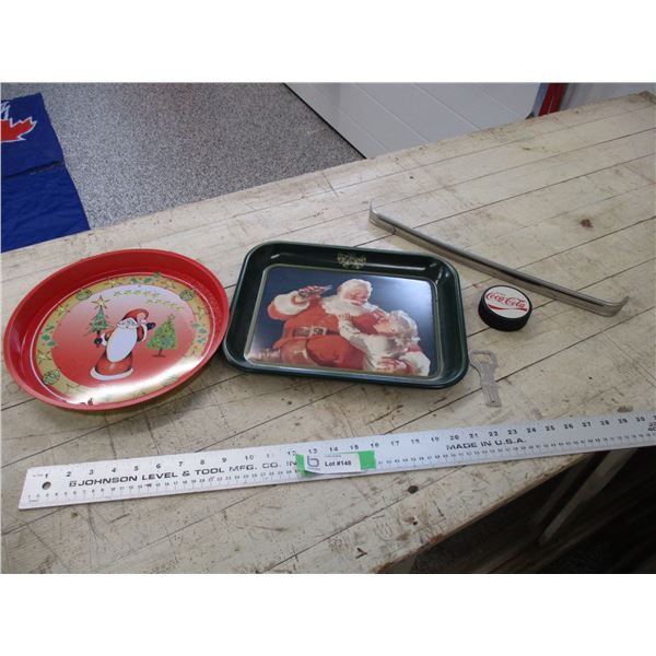 Coca-cola tray, bottle opener, puck, misc