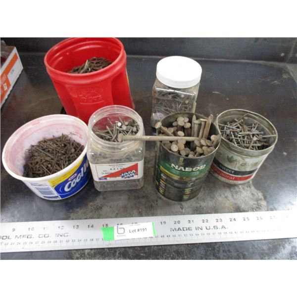Box with (6) containers of various sized nails - 6" fence staples, etc