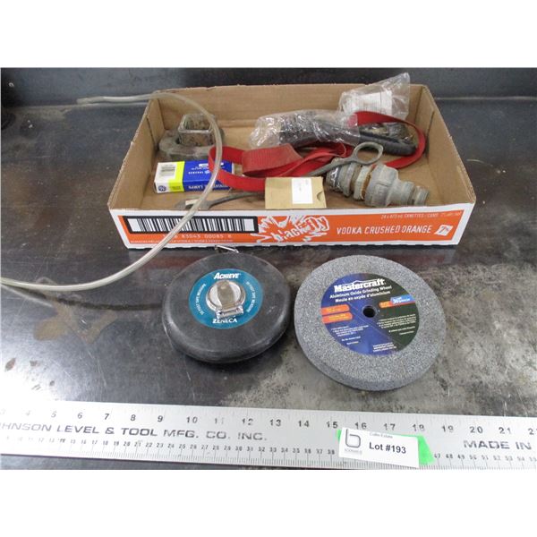 50 foot measuring tape + grinding wheel + misc