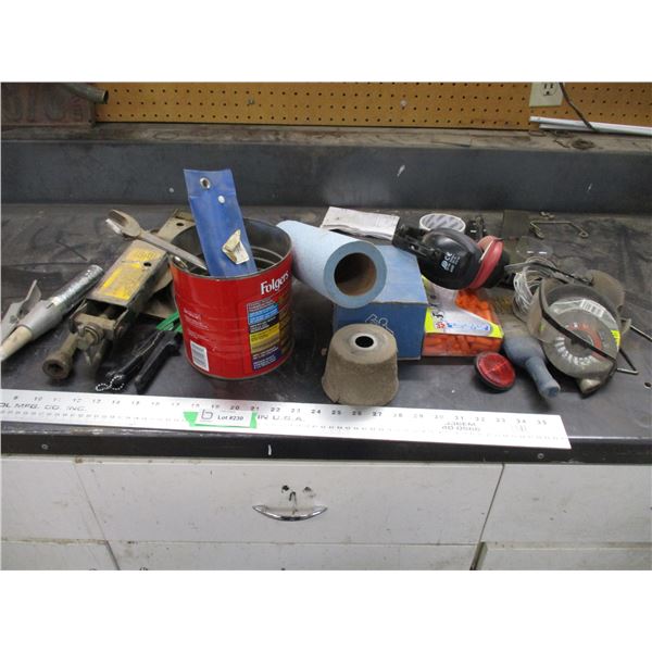 misc lot - jack for car, wrenches, pop riveter, etc