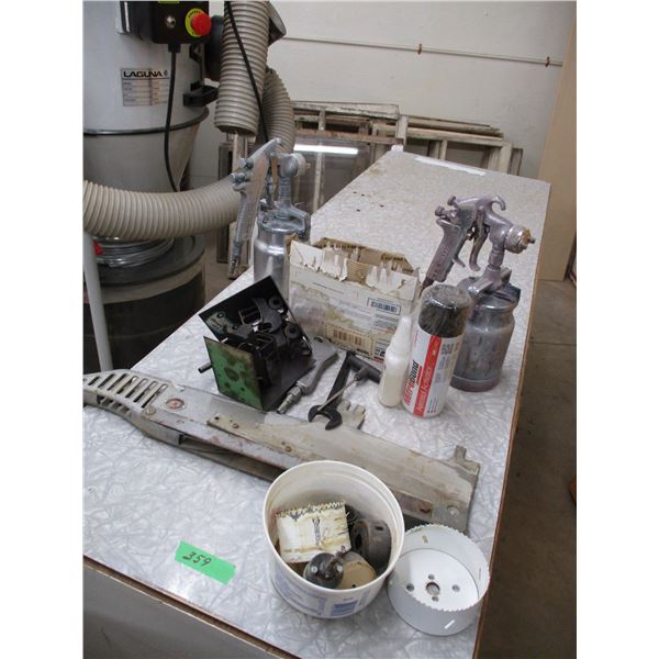 (2) Spray guns + hole saws, misc