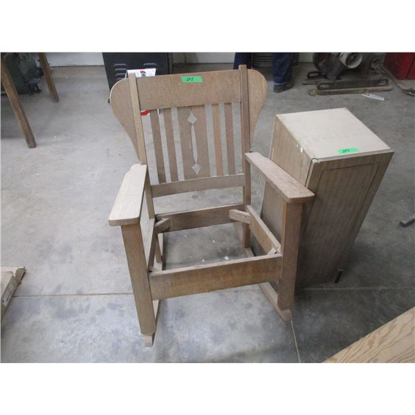 rocker chair (oak?) with small wood cabinet