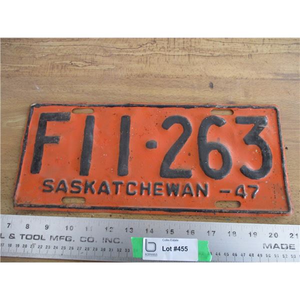1947 Sask license plate - repainted