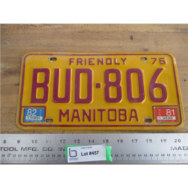1976 Manitoba license plate with 81/82 stickers