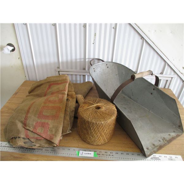 Grain scoop, gunny sack, binder twine