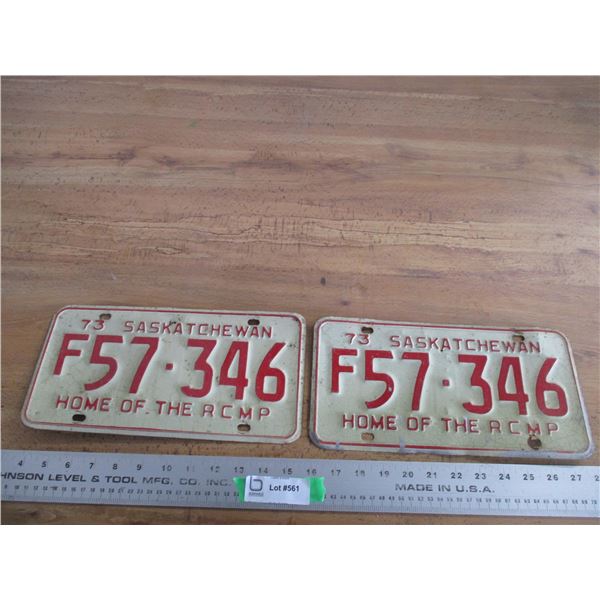 (2) 1973 (farm) Sask license plates - matching pair