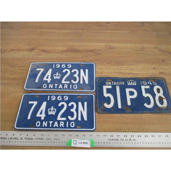 (3) Ontario License Plates (1945 + 1969 matching pair)