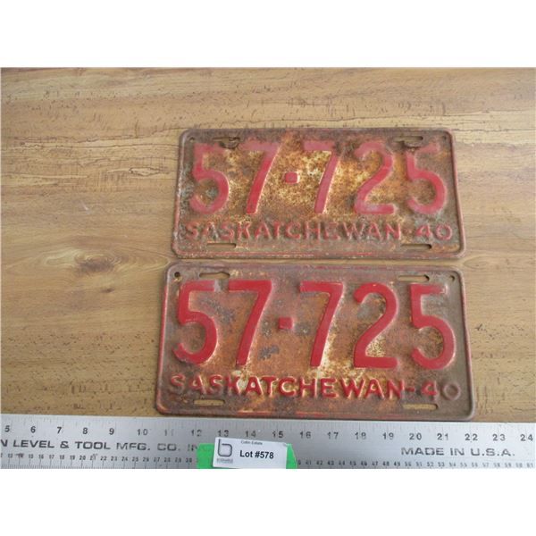 (2) 1940 Sask (matching pair) license plates