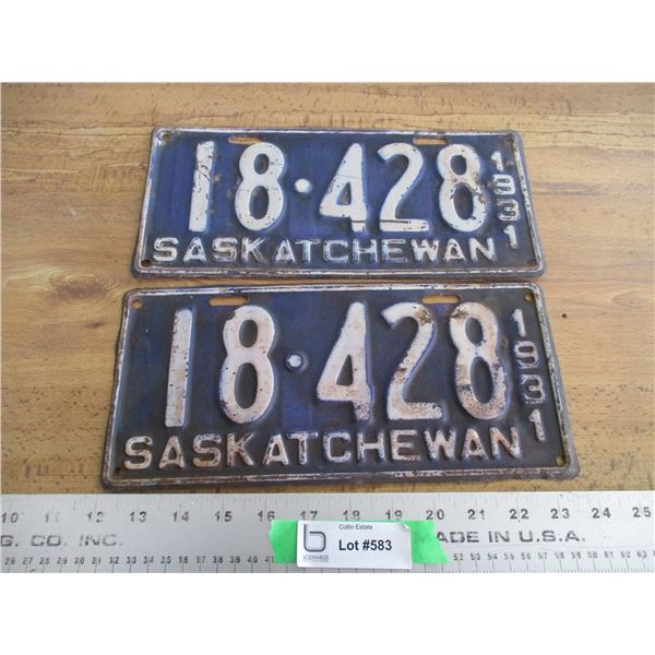 1931 (matching pair) Sask license plates