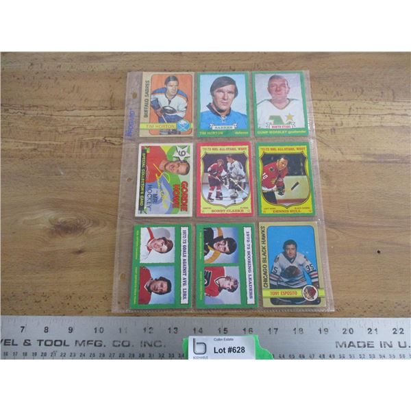 (9) 1973 + 1974 hockey cards - Howe, Horton, Esposito, Clarke, Hull