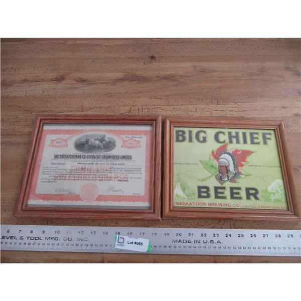 (2) framed certificates - Big Chief Beer + Saskatchewan Co-op Creameries Ltd
