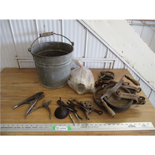 Galvanized pail with well pulley drawn knife plus misc