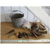 Image 1 : Galvanized pail with well pulley drawn knife plus misc