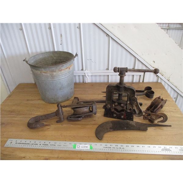 Galvanized pail with pipe vise pulleys misc