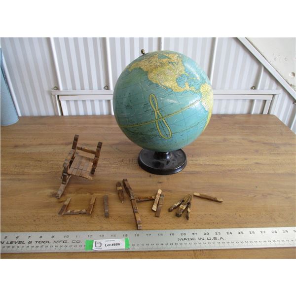 globe, clothes pins, rocking chair