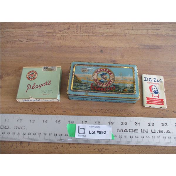 player cardboard, cigarettes box with tin, zig zag papers