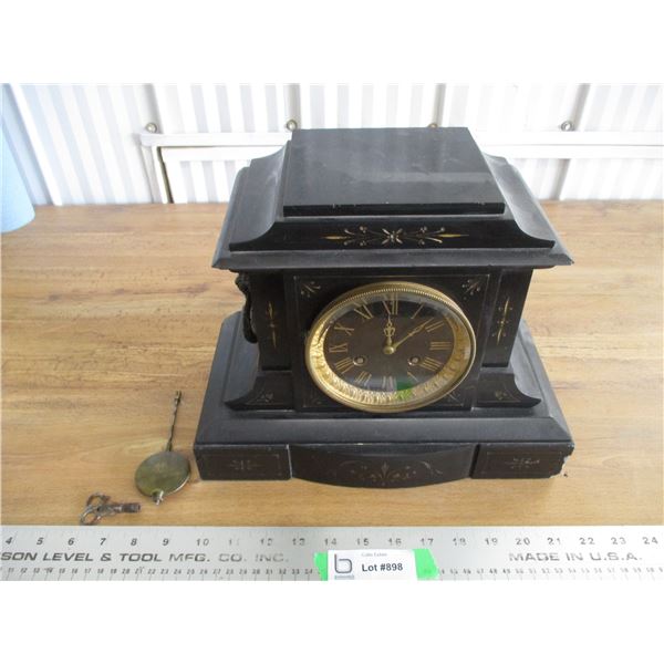 marble mantle clock with key - working - 12" long