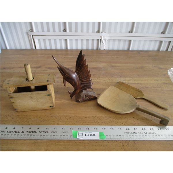 wooden items - butter press, ladle, misc