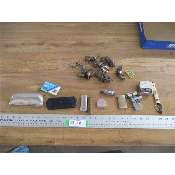 box of collectibles, esso, fishing hook, ashtray, misc