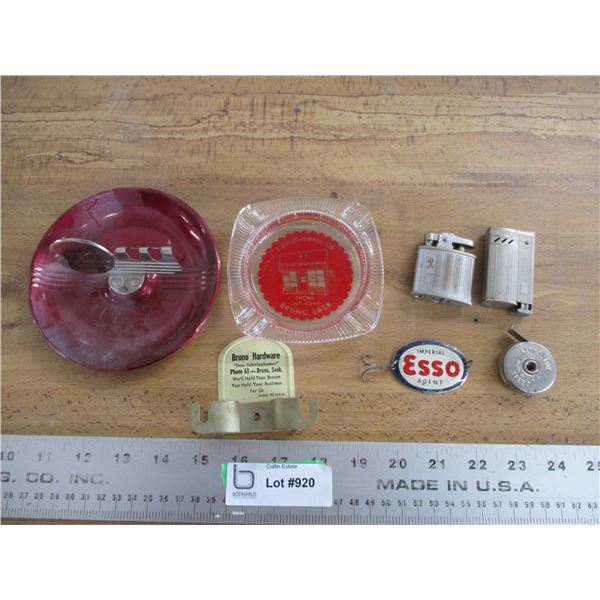 Tin with collectibles, esso, fishing hook, ashtray, misc