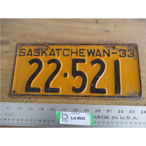 1933 Sask License Plate