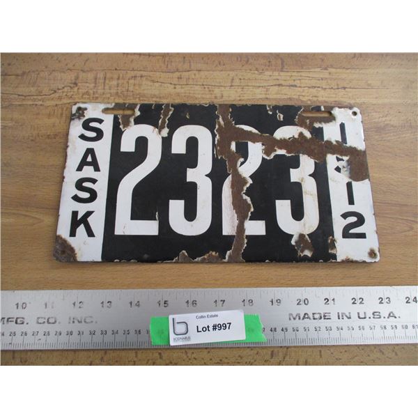 1912 Sask License Plate (porcelain)