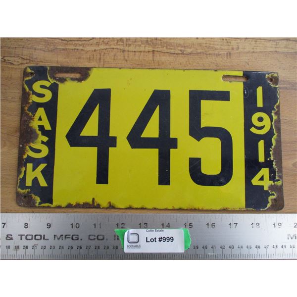 1914 Sask License Plate (porcelain)