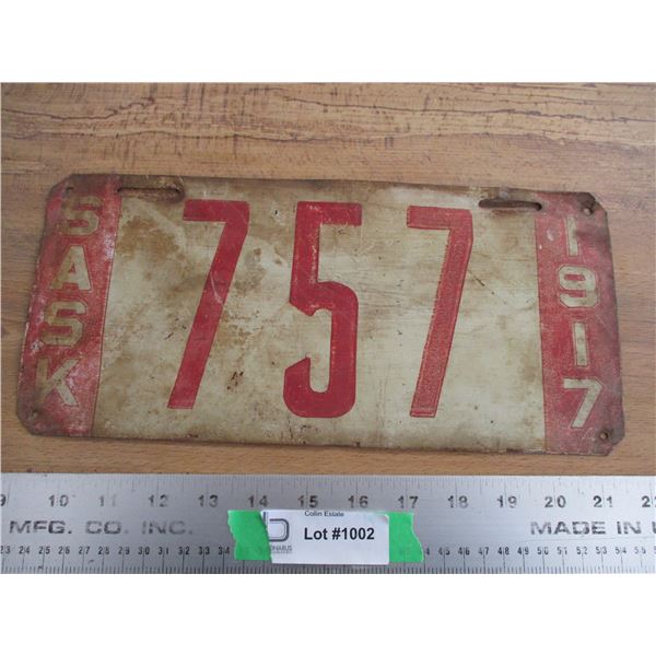 1917 Sask License Plate - Low # (metal)
