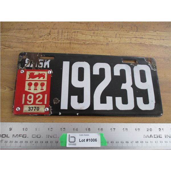 1921 (Tag) Sask License Plate (porcelain)
