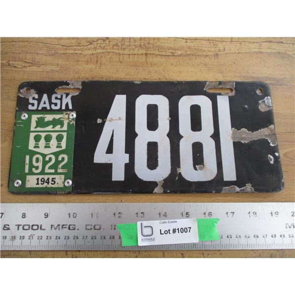 1922 (Tag) Sask License Plate (porcelain)