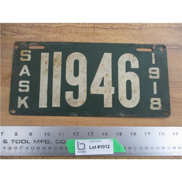 1918 Sask License Plate - (metal)