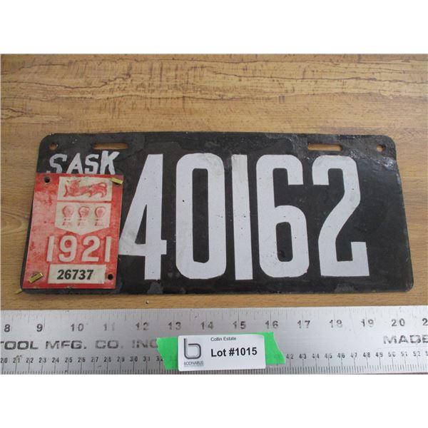 1921 (Tag) Sask License Plate (porcelain - paint touch ups)