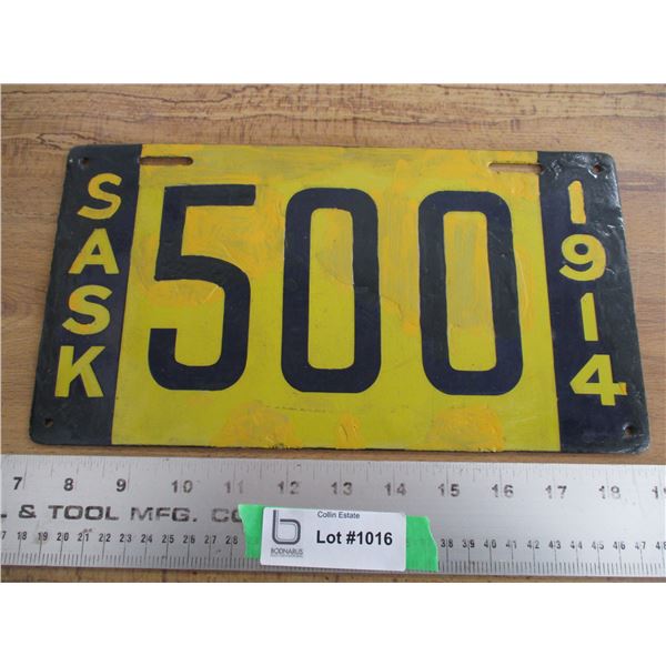 1914 Sask License Plate (porcelain - partial repaint/touched up)
