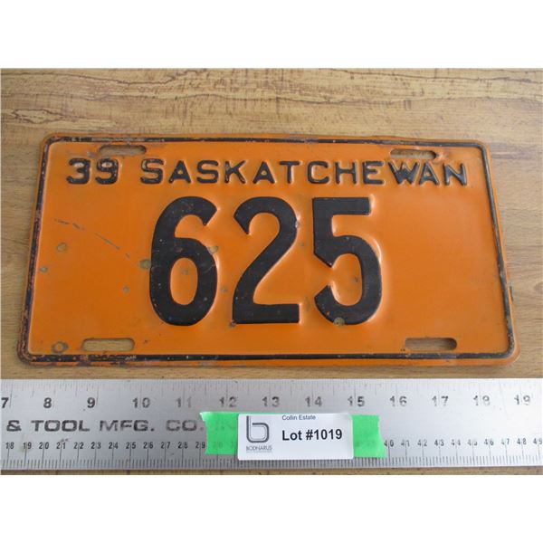 1939 Sask License Plate - Low #