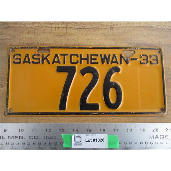 1933 Sask License Plate - Low #