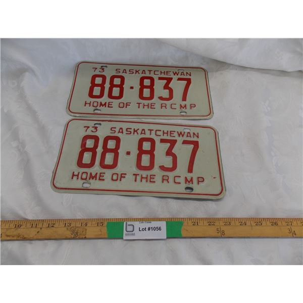 1973 Sask License Plate Set – (home of the RCMP) great condition