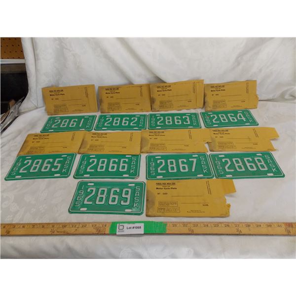 (9) 1965 Motor Cycle Plates – consecutive #’s and with original envelopes