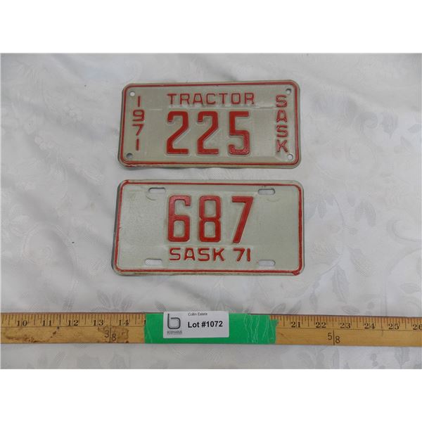 (2) 1971 (small) Sask License plates – Tractor + trailer/motorcycle?
