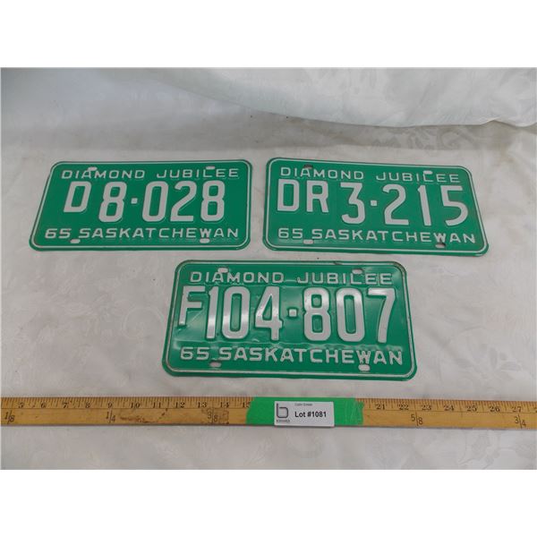 (3) 1965 Sask License Plates (DR, F, D) great condition