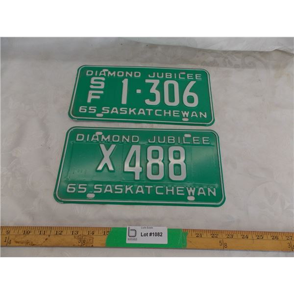 (2) 1965 Sask License plates – (SF 1-306, X 488)