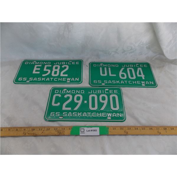 (3) 1965 Sask License Plates (C, E, UL) great condition