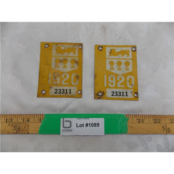 (2) 1920 License Plate Tags (Matching)