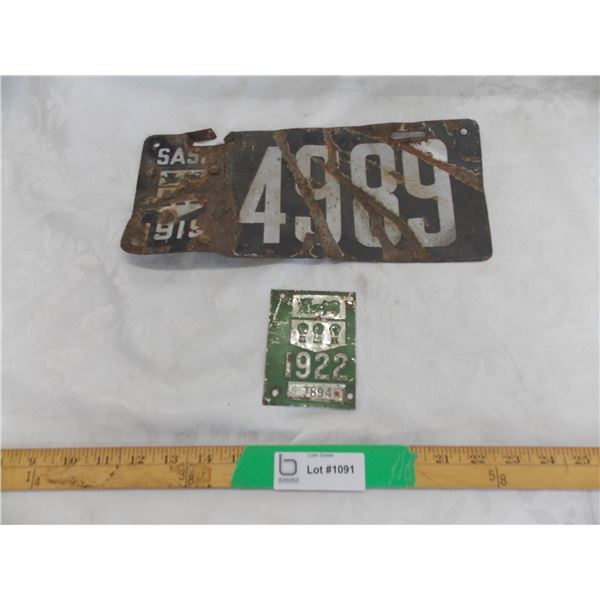 1919 Sask License Plate with 1922 Plate Tag